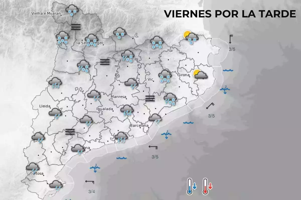 Mapa de símbolos del Meteocat para el viernes, 19 de enero, por la tarde