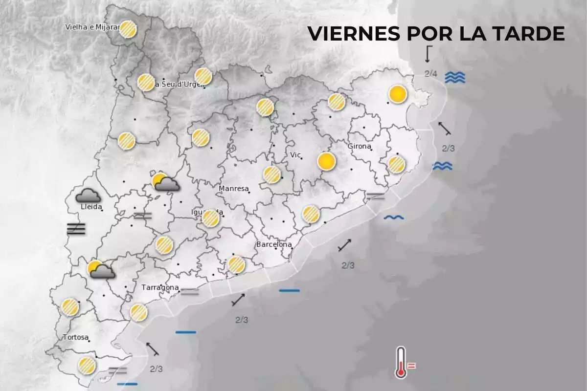 Mapa de símbolos del Meteocat para el viernes por la tarde