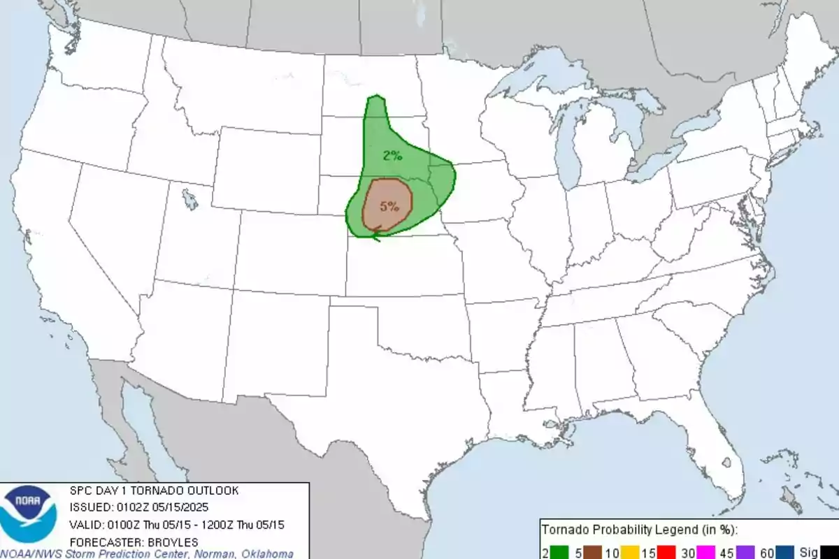 Map of the United States showing the probability of tornadoes for May 15, 2025, with areas highlighted in green and brown indicating a 2% and 5% probability, respectively. Map of the United States showing the probability of tornadoes for May 15, 2025, with areas highlighted in green and brown indicating a 2% and 5% probability, respectively.