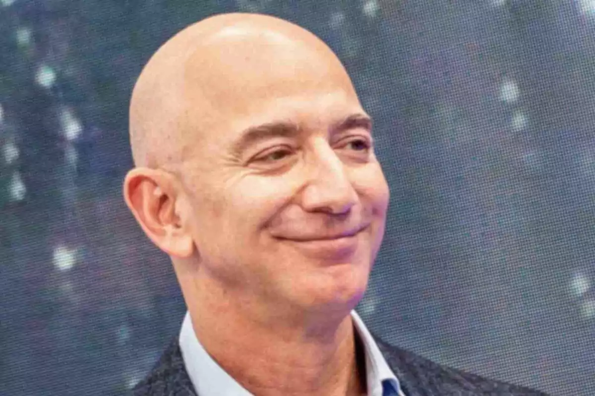 Close-up of Jeff Bezos smiling. Close-up of Jeff Bezos smiling.