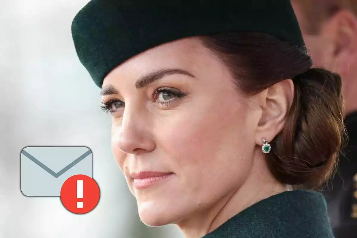 Woman wearing a green beret looking seriously to the right, with an envelope icon and a red exclamation mark in the lower left corner.