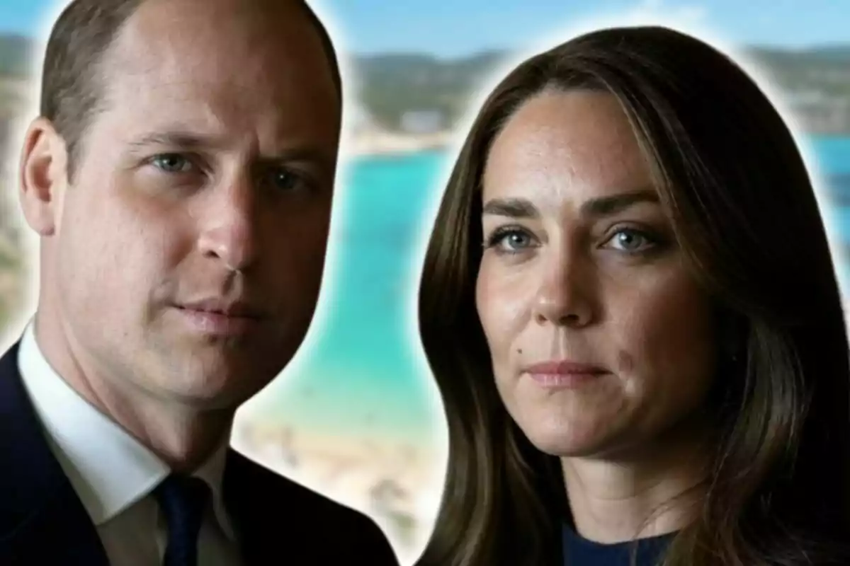 Muntatge de fotos de primer pla del Príncep Guillem i Kate Middleton, amb rostres seriosos, amb una imatge d'una platja d'Eivissa de fons.