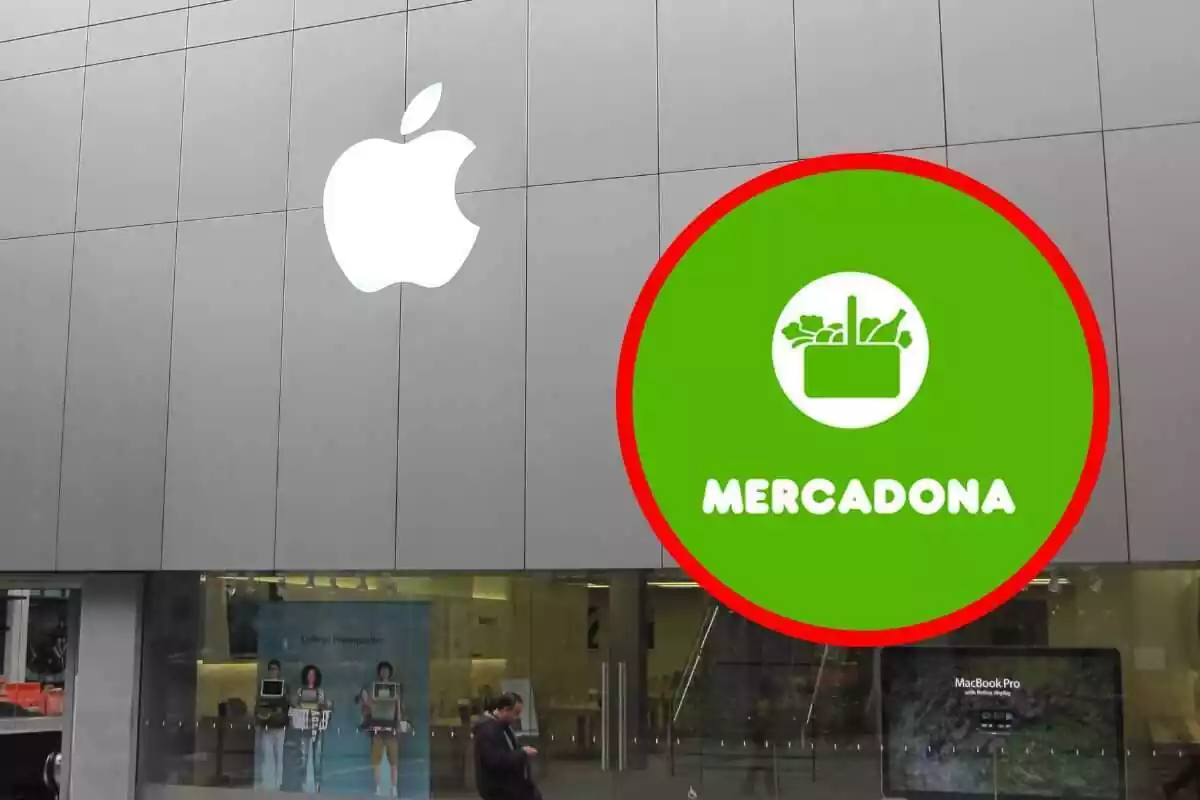 Botiga d'apple de fons amb el logotip de mercadona marcat en un cercle vermell