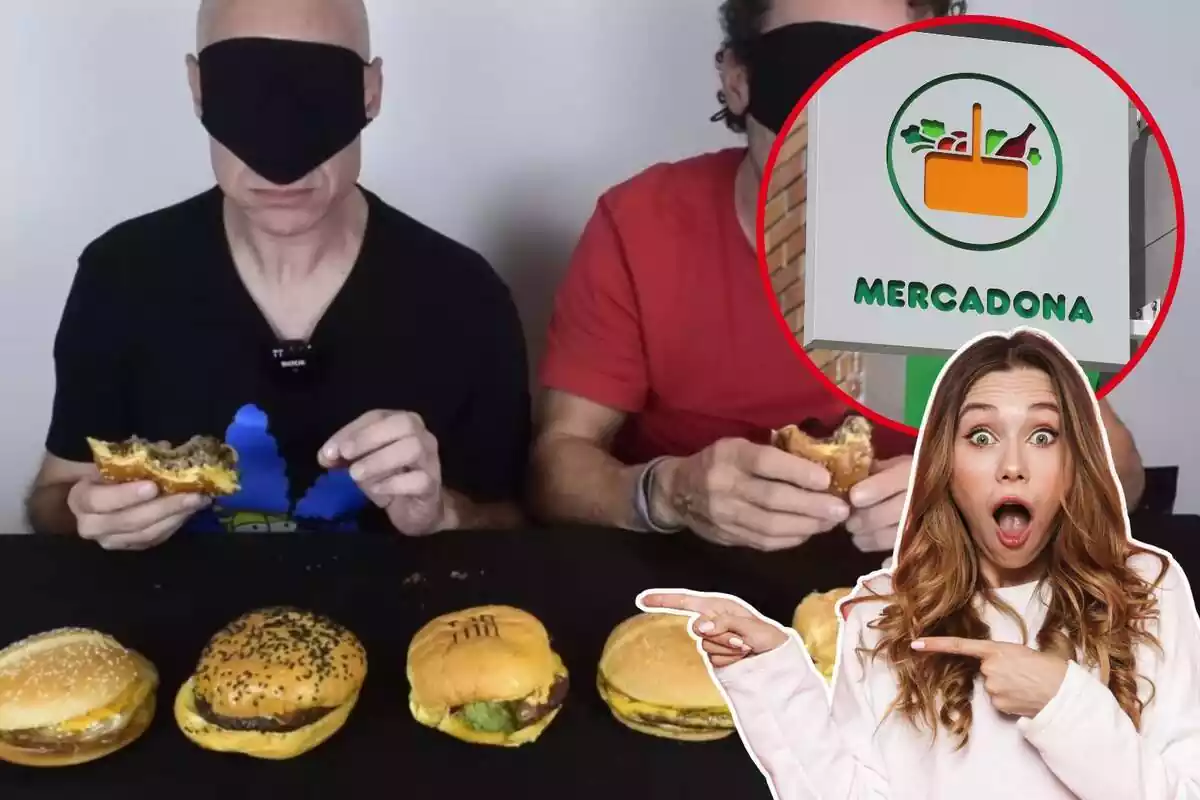Imatge de fons del Youtuber Jimmy i el seu amic José provant hamburgueses i itra del logotip de Mercadona amb una noia amb gest de sorpresa