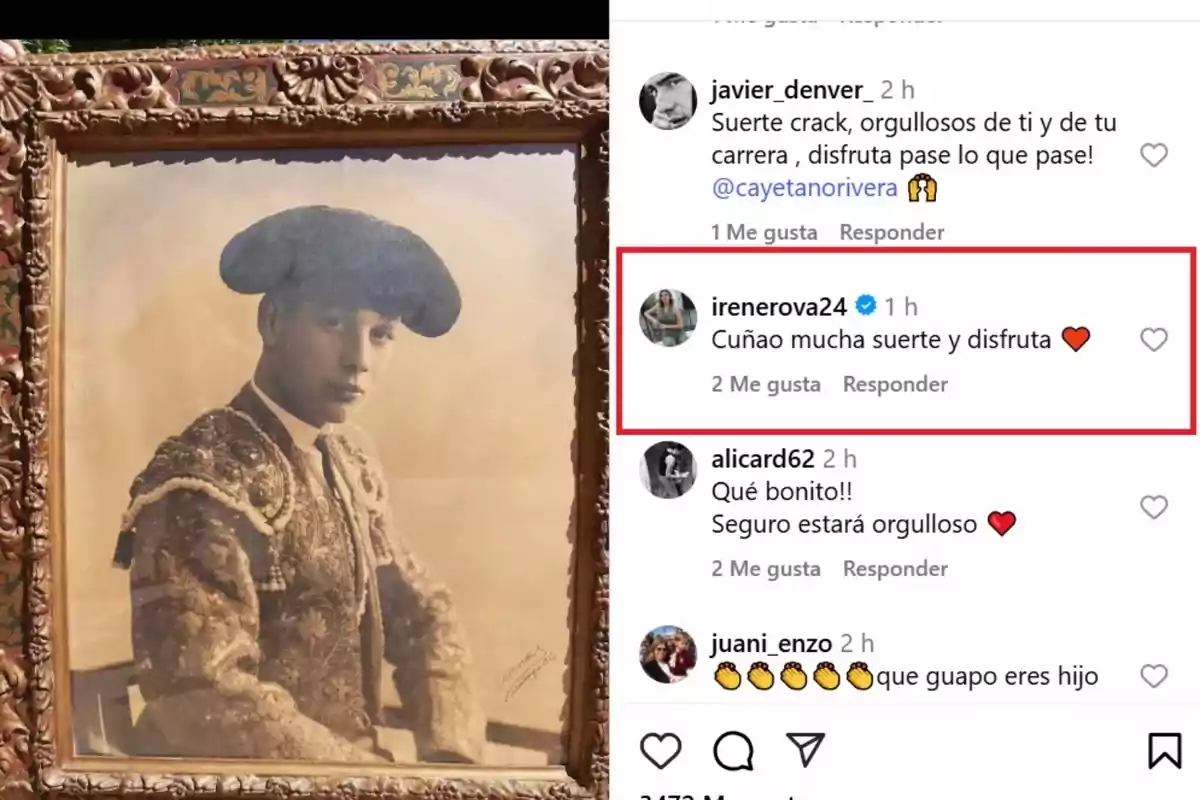 Publicació de Cayetano Rivera a Instagram, amb una foto del seu besavi, a la qual respon Irene Rosales amb un comentari. Publicació de Cayetano Rivera a Instagram, amb una foto del seu besavi, a la qual respon Irene Rosales amb un comentari.