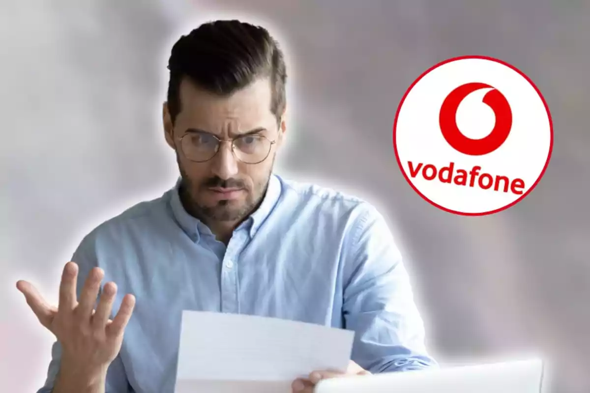 Home amb expressió preocupada llegint un document, amb el logotip de Vodafone a la cantonada superior dreta.