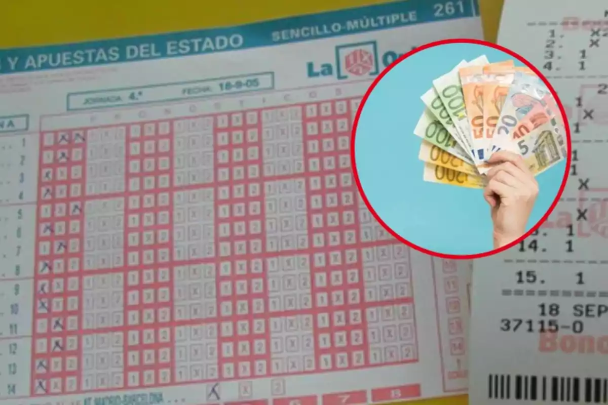 Butllet de loteria amb una mà sostenint bitllets d'euro.