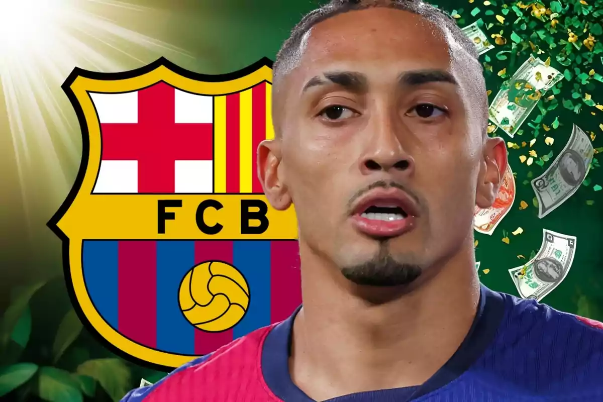 A player wearing the FC Barcelona jersey appears in front of the club's crest with bills floating in the air. A player wearing the FC Barcelona jersey appears in front of the club's crest with bills floating in the air.