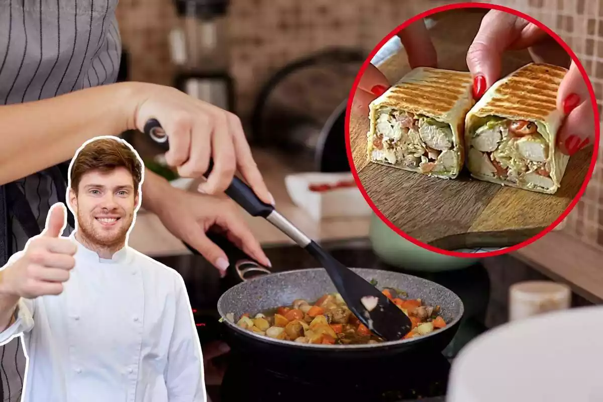 Imatge de fons d´una persona cuinant amb una paella, una altra imatge d´un home vestit de cuiner i una darrera imatge d´un wrap de pollastre i verdures partit per la meitat