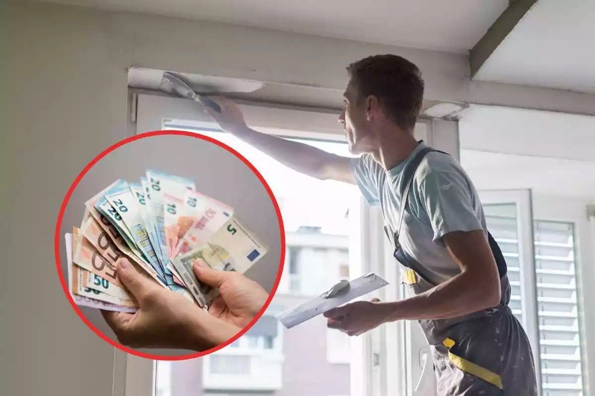 Un paleta reformant una casa al costat de la finestra i uns bitllets d'euros a la mà