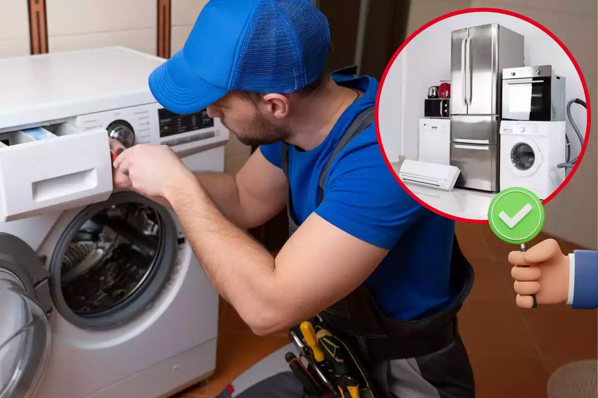 Imatge de fons d'un tècnic reparant una rentadora amb una altra imatge de diversos electrodomèstics junts i una emoticona d'una mà gest d'aprovació