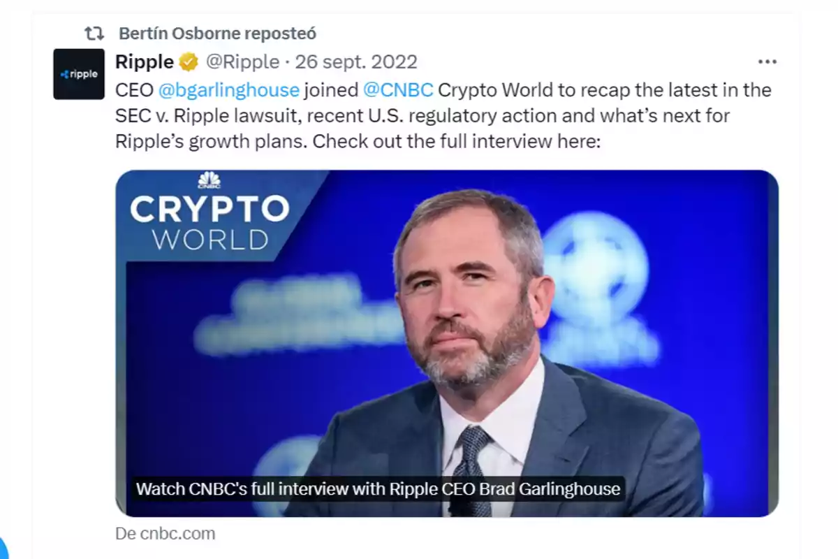 CEO de Ripple es va unir a CNBC Crypto World per resumir l'última qüestió en la demanda de la SEC contra Ripple, la recent acció regulatòria dels EUA i el que segueix per als plans de creixement de Ripple. Mira l´entrevista completa aquí.