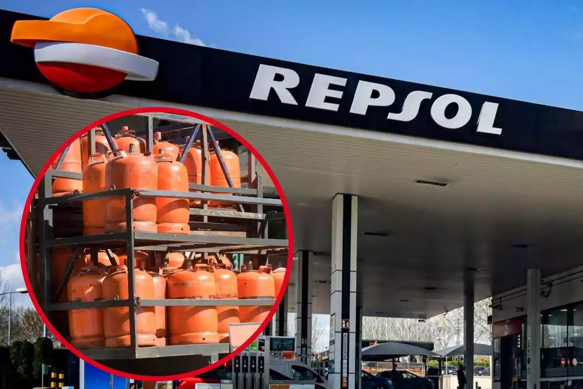 Imatge de fons d'una benzinera Repsol i una altra imatge de diverses bombones de butà amuntegades Imatge de fons d'una benzinera Repsol i una altra imatge de diverses bombones de butà amuntegades