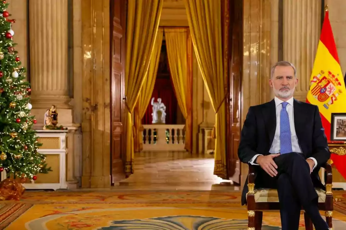 Felip VI assegut en una cadira en un saló elegant decorat amb un arbre de Nadal i una bandera d'Espanya. Felip VI assegut en una cadira en un saló elegant decorat amb un arbre de Nadal i una bandera d'Espanya.