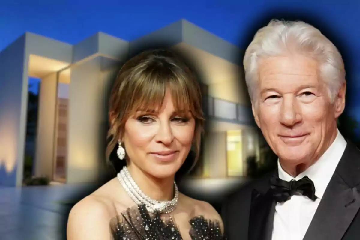 Muntatge de fotos de l'actor Richard Gere i la publicista Alejandra Silva amb una mansió de fons.