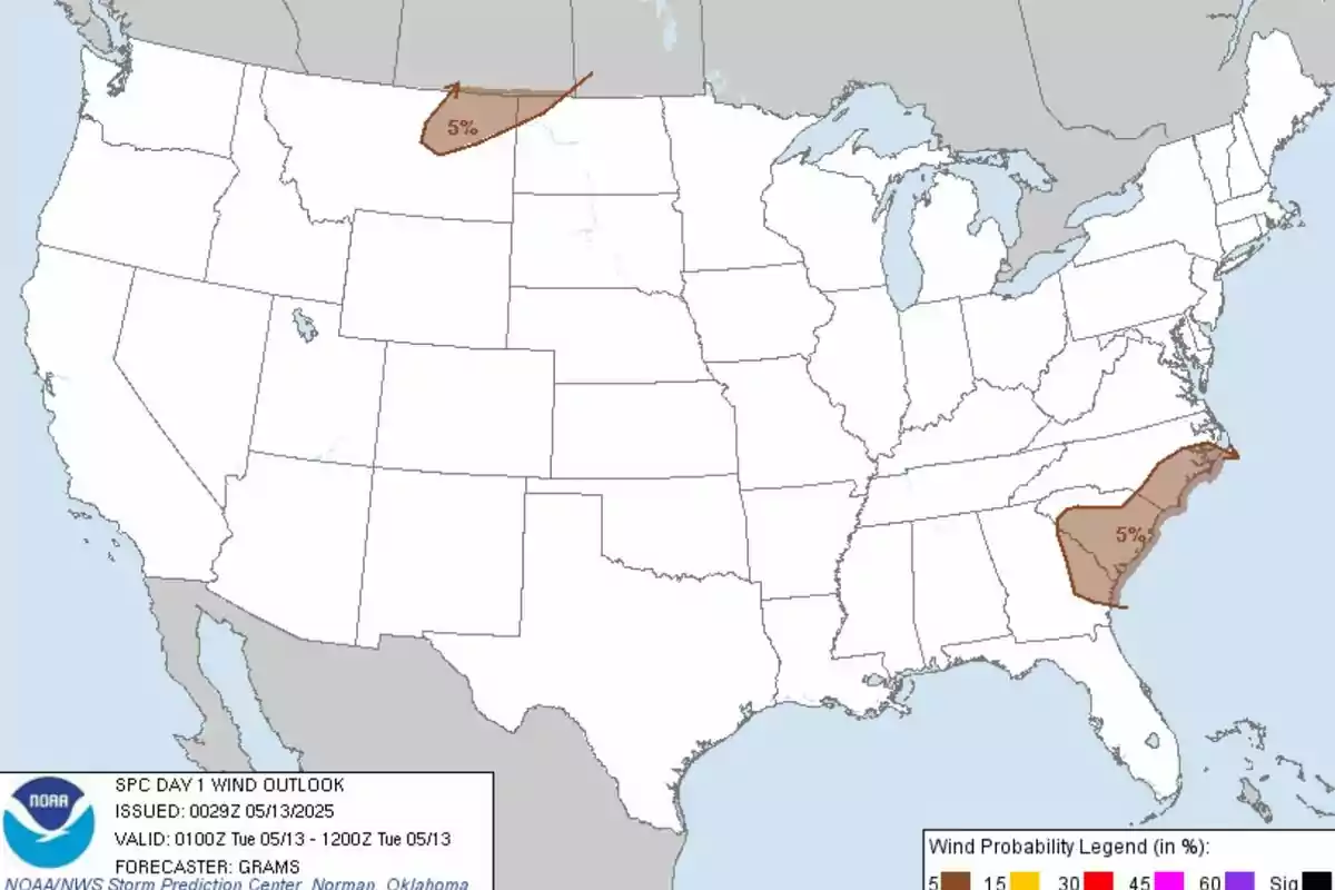 Map of the United States showing areas with a 5% probability of strong winds in the northwest and southeast of the country according to the NOAA Storm Prediction Center forecast for May 13, 2025. Map of the United States showing areas with a 5% probability of strong winds in the northwest and southeast of the country according to the NOAA Storm Prediction Center forecast for May 13, 2025.