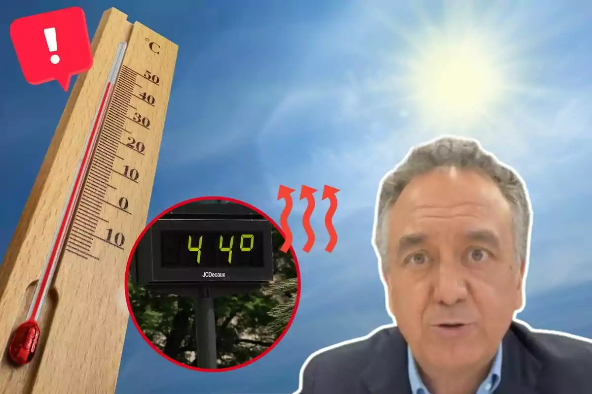 Termòmetre de fusta marcant alta temperatura, pantalla digital mostrant 44 graus Celsius, sol brillant al cel i home parlant. Termòmetre de fusta marcant alta temperatura, pantalla digital mostrant 44 graus Celsius, sol brillant al cel i home parlant.