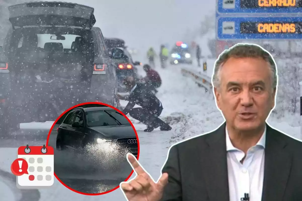 Una carretera nevada amb diversos cotxes detinguts i persones col·locant cadenes, un cartell que indica "tancat" i "cadenes", un home parlant i una icona de calendari amb un signe d'exclamació.