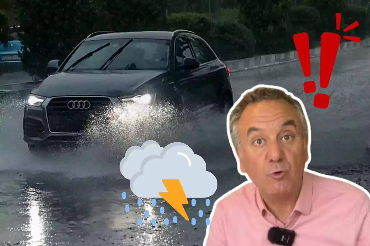 Un cotxe Audi conduint sota la pluja amb Roberto Brasero sorprès a primer pla i símbols d'alerta i tempesta.