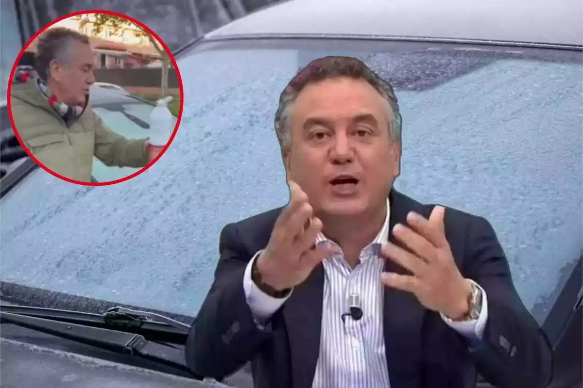 Imatge de fons d'un cotxe amb un parabrisa congelat, amb una altra de Roberto Brasero en primer pla i una altra de Roberto Brasero amb un pot a la mà