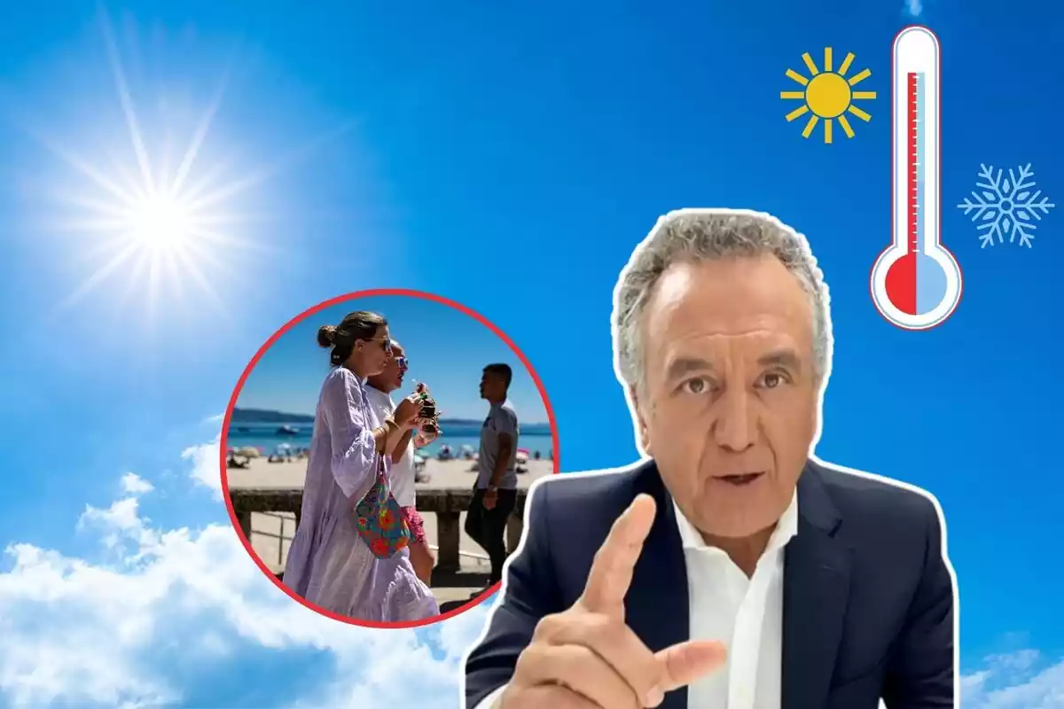 Imatge de fons d´un cel blau amb el sol, al costat d´un primer pla de Roberto Brasero i una altra imatge d´unes persones passejant per la platja, a més d´una emoticona d´un termòmetre marcant fred i calor