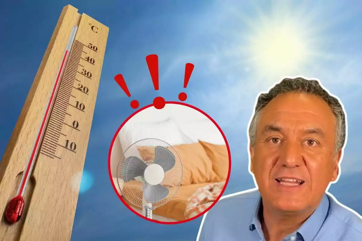 Imatge que mostra un termòmetre marcant altes temperatures, un ventilador i una persona parlant, amb el sol brillant al fons.