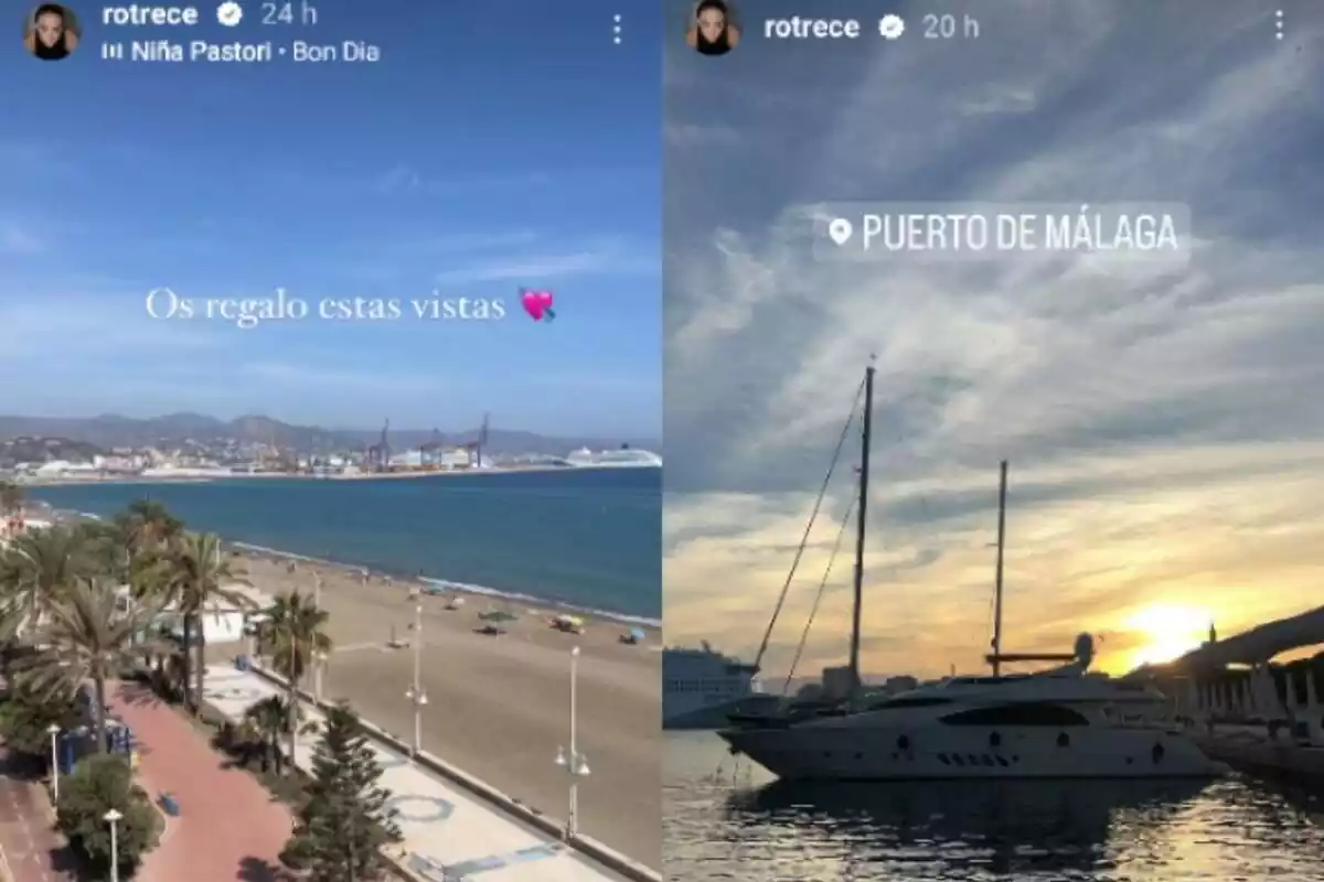 Stories de Rocío Flores a Instagram al passeig de Màlaga i ensenyant un iot al port