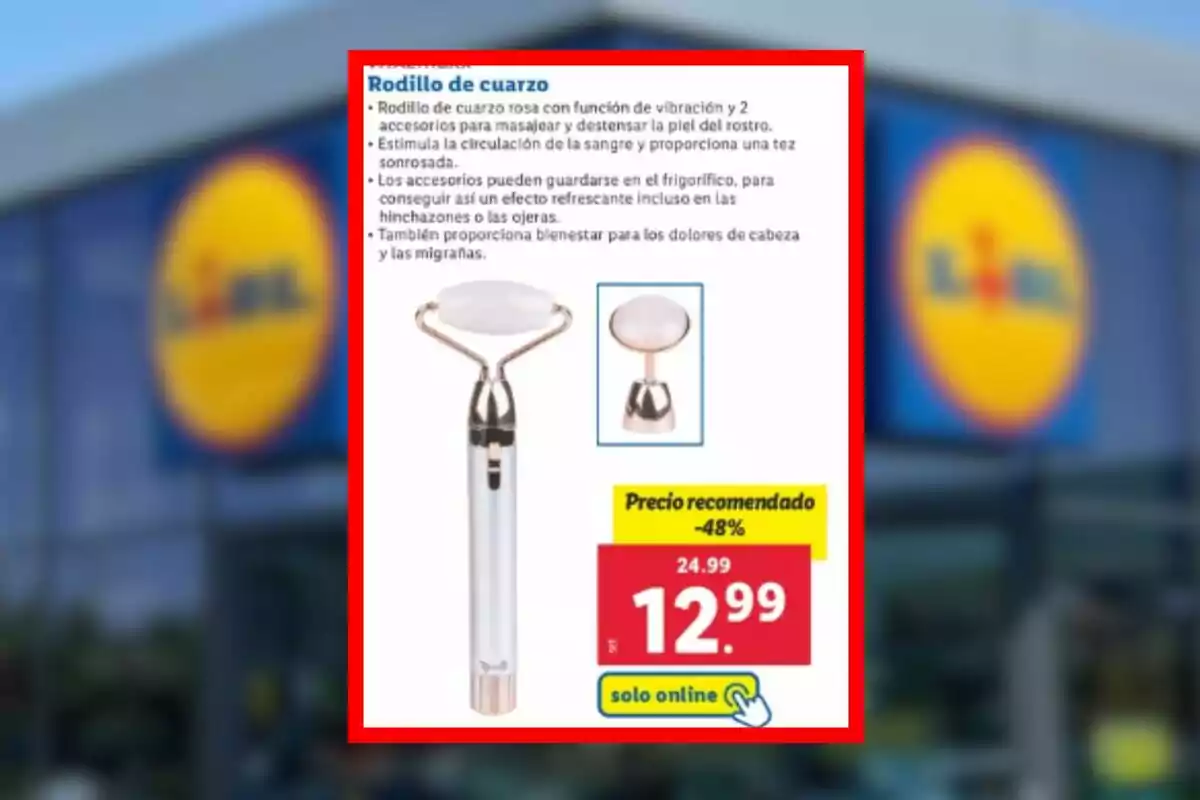 Imatge d'un anunci d'un corró de quars rosa amb funció de vibració i accessoris per a massatge facial, que estimula la circulació i proporciona benestar, amb un preu rebaixat a 12,99 euros, disponible només en línia a Lidl. Imatge d'un anunci d'un corró de quars rosa amb funció de vibració i accessoris per a massatge facial, que estimula la circulació i proporciona benestar, amb un preu rebaixat a 12,99 euros, disponible només en línia a Lidl.