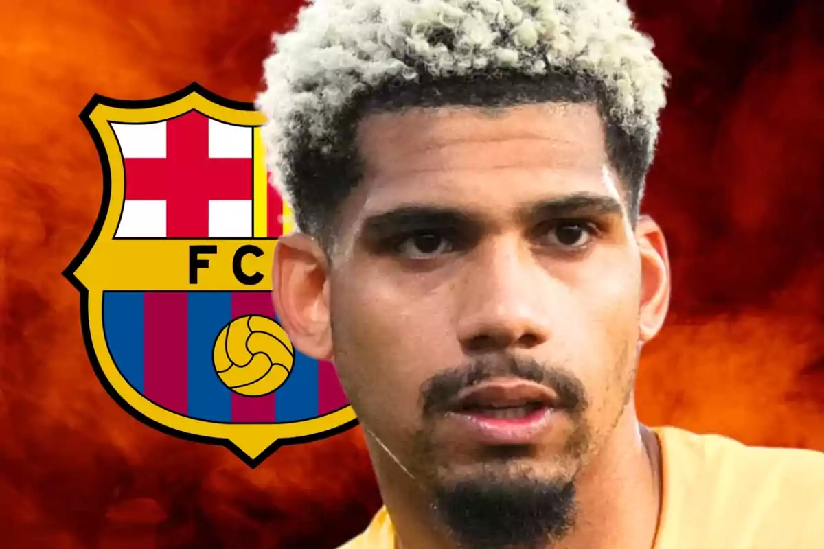 A soccer player with curly blonde hair in front of the FC Barcelona crest on a red background.