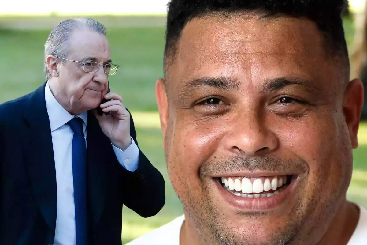 Ronaldo Nazario feliç al costat de Florentino Pérez parlant per telèfon