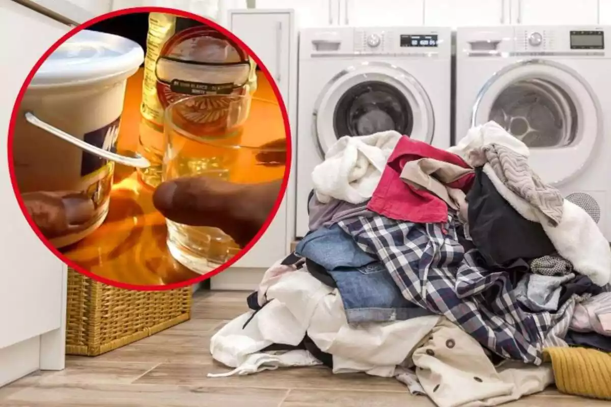 Imatge de fons d'una rentadora amb un munt de roba bruta davant, al costat d'una altra imatge d'un pot de vinagre amb un pot de banda i un got ple de vinagre a l'altra banda