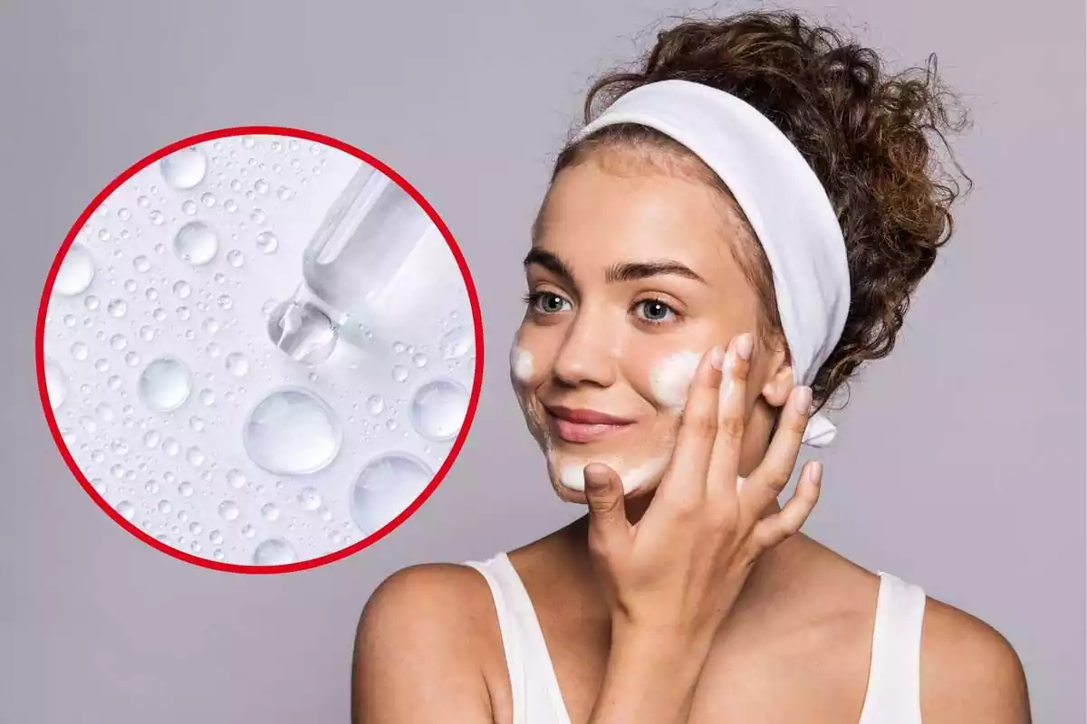 Mujer aplicándose un producto facial en el rostro con una foto destacada a la izquierda de un contador de gotas con sérum Mujer aplicándose un producto facial en el rostro con una foto destacada a la izquierda de un contador de gotas con sérum