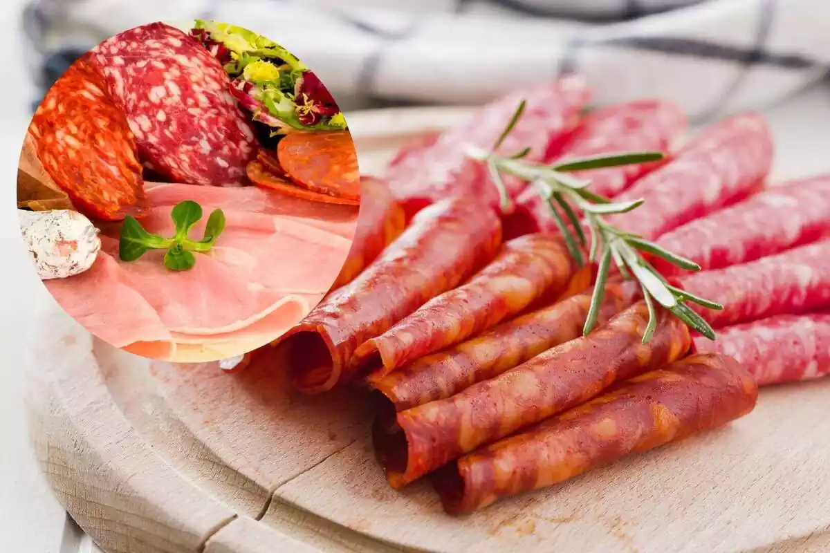 Una imatge de fons amb xoriço i salami tallada al costat d'una altra de diversos embotits com ara més xoriço, salami, gall dindi i fuet