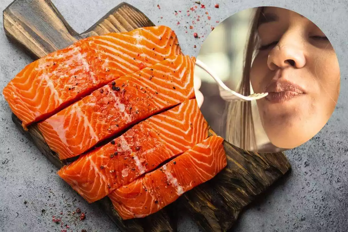 Muntatge amb una imatge de fons d'un salmó a trossos i una noia menjant amb una forquilla