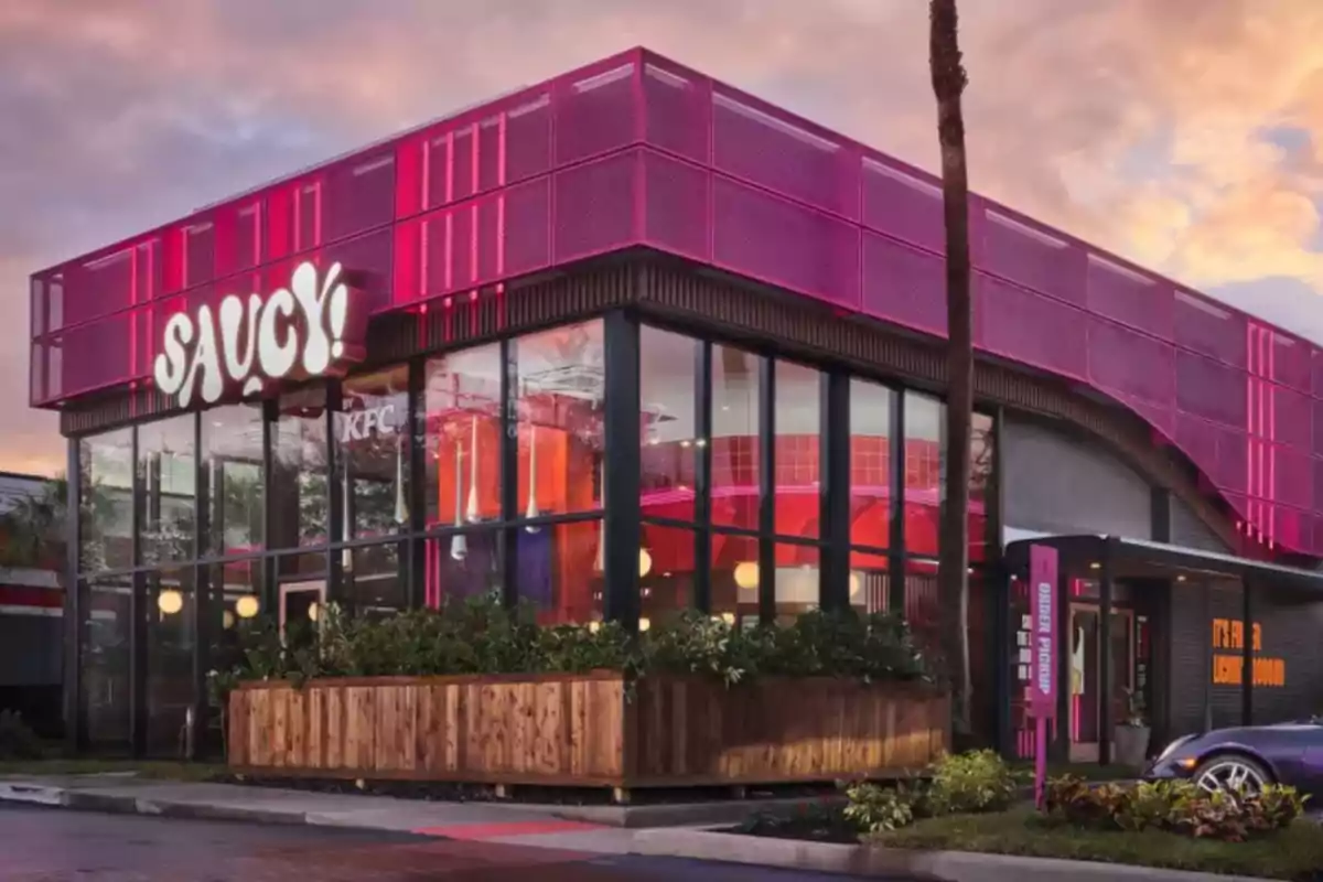 Un restaurant amb un disseny modern i acolorit, amb un rètol que diu Un restaurant amb un disseny modern i acolorit, amb un rètol que diu