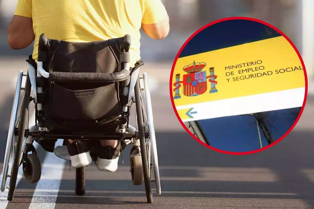 Imatge de fons duna persona en cadira de rodes i una altra dun cartell del Ministeri dOcupació i Seguretat Social