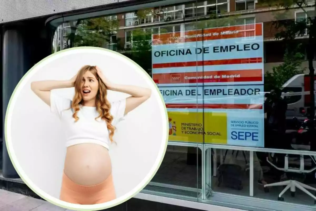 Una dona embarassada amb expressió de preocupació apareix en un cercle superposat a una imatge d?una oficina d?ocupació a Madrid.