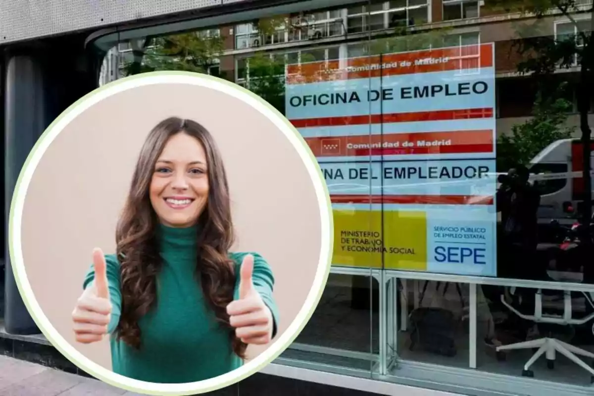 Una dona somrient amb polzes cap amunt en un requadre circular sobre una imatge d?una oficina d?ocupació de la Comunitat de Madrid.