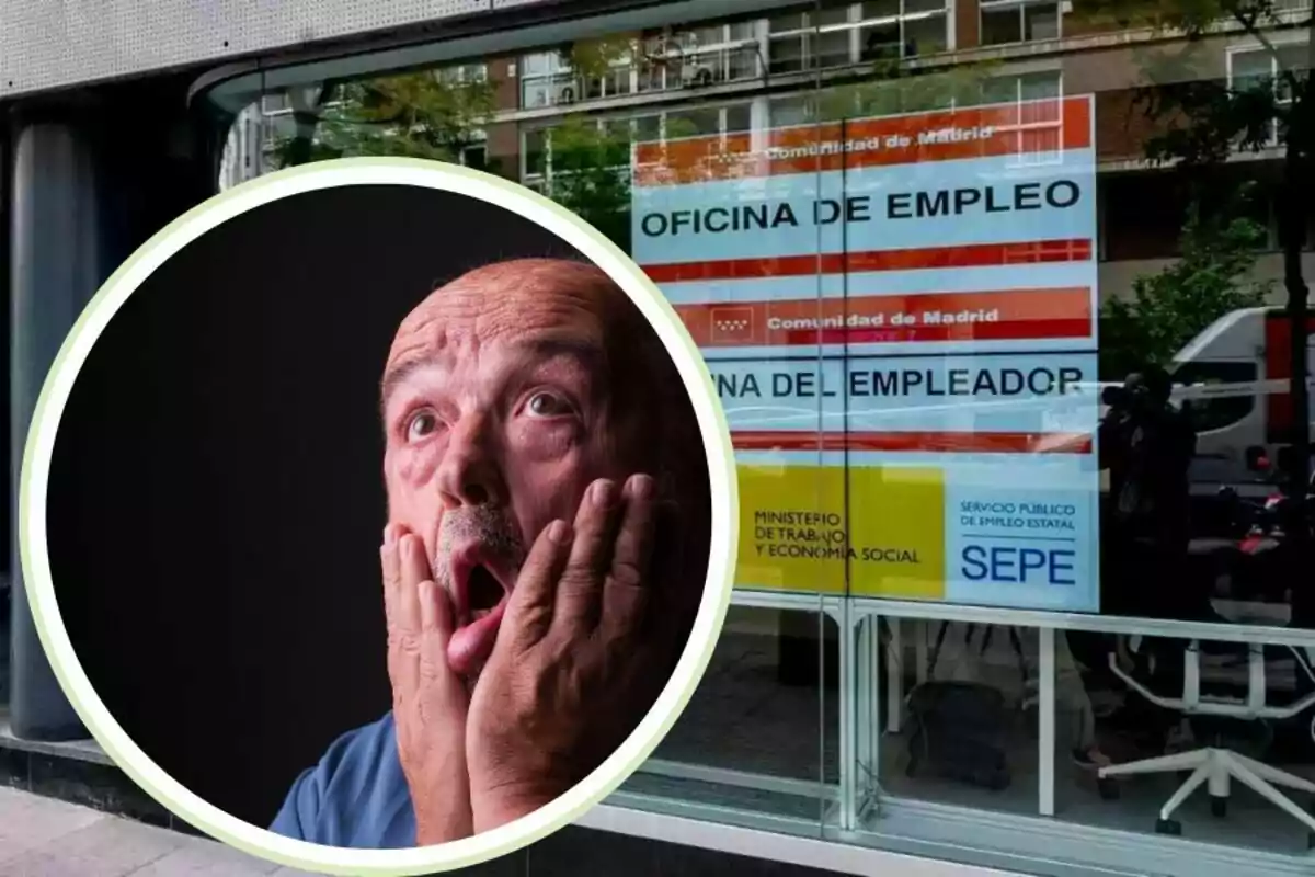 Un home amb expressió de sorpresa està superposat sobre una imatge d?una oficina d?ocupació a Madrid.