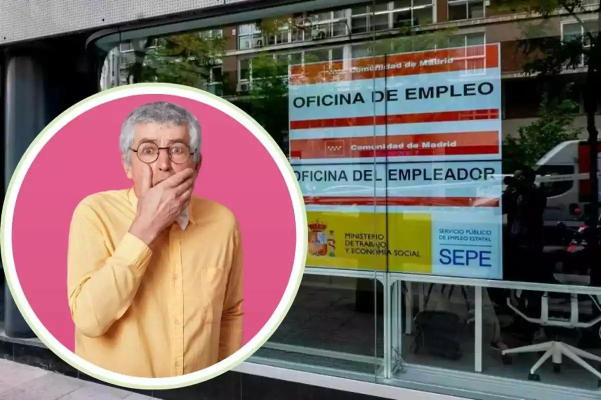 Un home gran amb expressió de sorpresa es troba en un requadre sobre una imatge d?una oficina d?ocupació a Madrid, amb cartells del Ministeri de Treball i Economia Social i del Servei Públic d?Ocupació Estatal (SEPE).