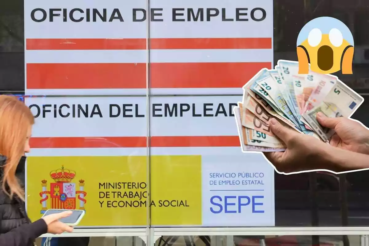 Imatge de fons d'una oficina d'ocupació del SEPE amb una altra imatge d'una persona amb les mans plenes de bitllets d'euros i una emoticona a sobre amb expressió d'ensurt