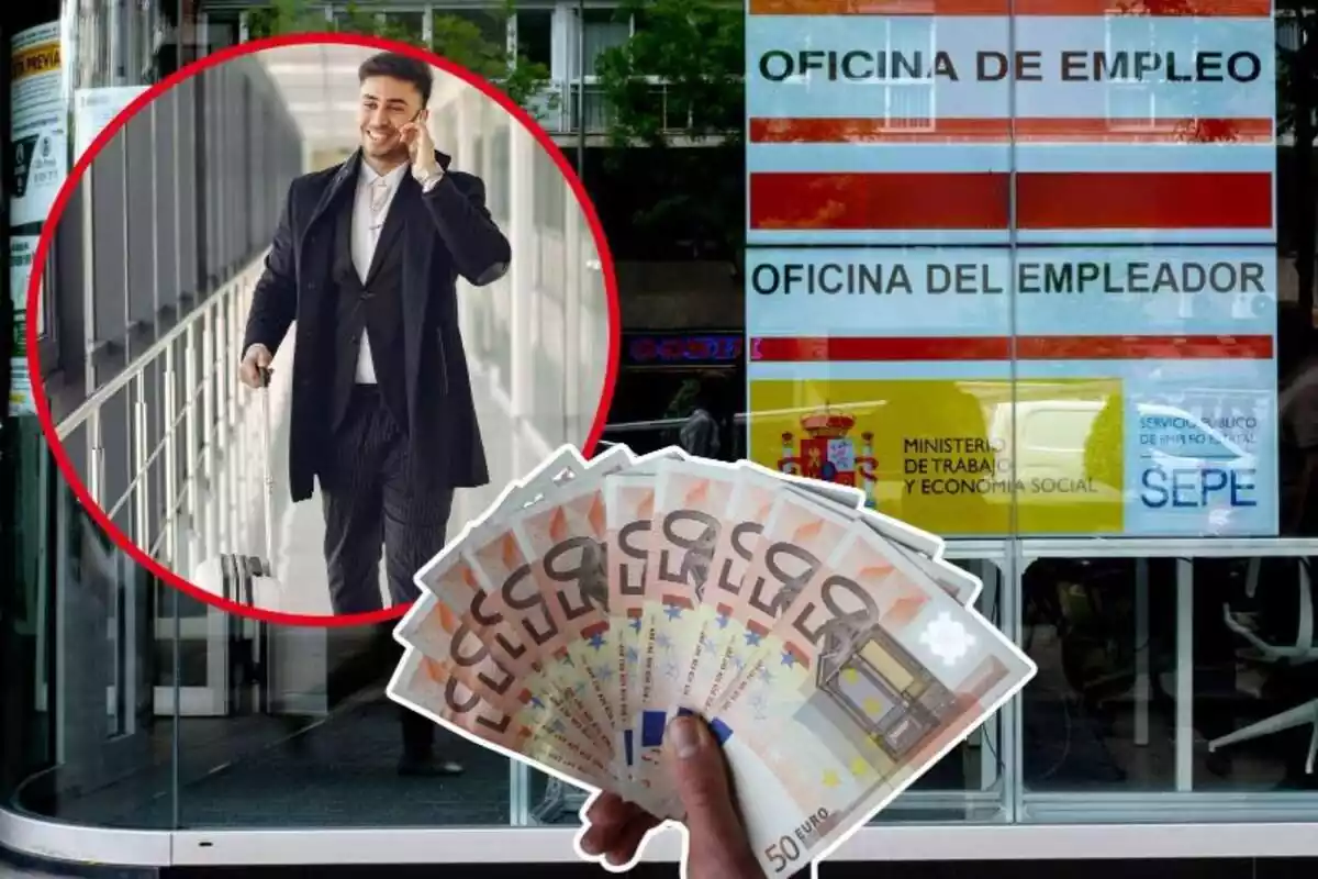 Imatge de fons d'una oficina del SEPE amb una altra d'un home vestit amb una maleta a un aeroport i una altra d'una mà amb molts bitllets de 50 euros