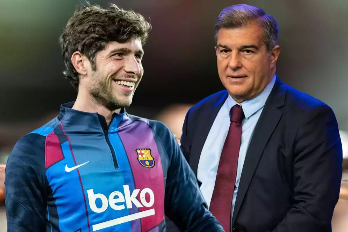 Sergi Roberto y Joan Laporta con un fondo difuminado