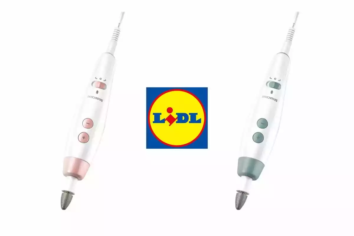 Dues llimes elèctriques blanques amb detalls en rosa i verd al costat del logotip de Lidl al centre. Dues llimes elèctriques blanques amb detalls en rosa i verd al costat del logotip de Lidl al centre.