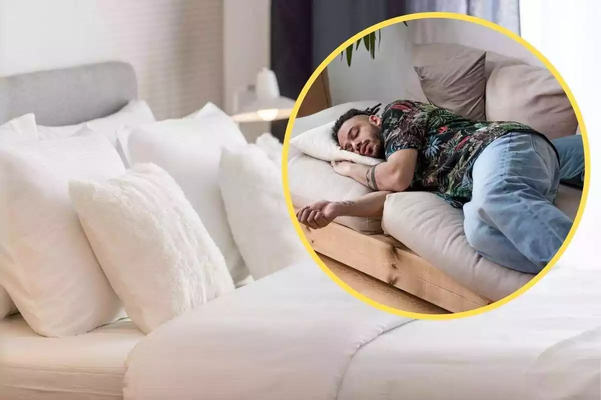 Muntatge amb una imatge de fons d'un llit fet i una altra imatge d'un home dormint sobre un sofà