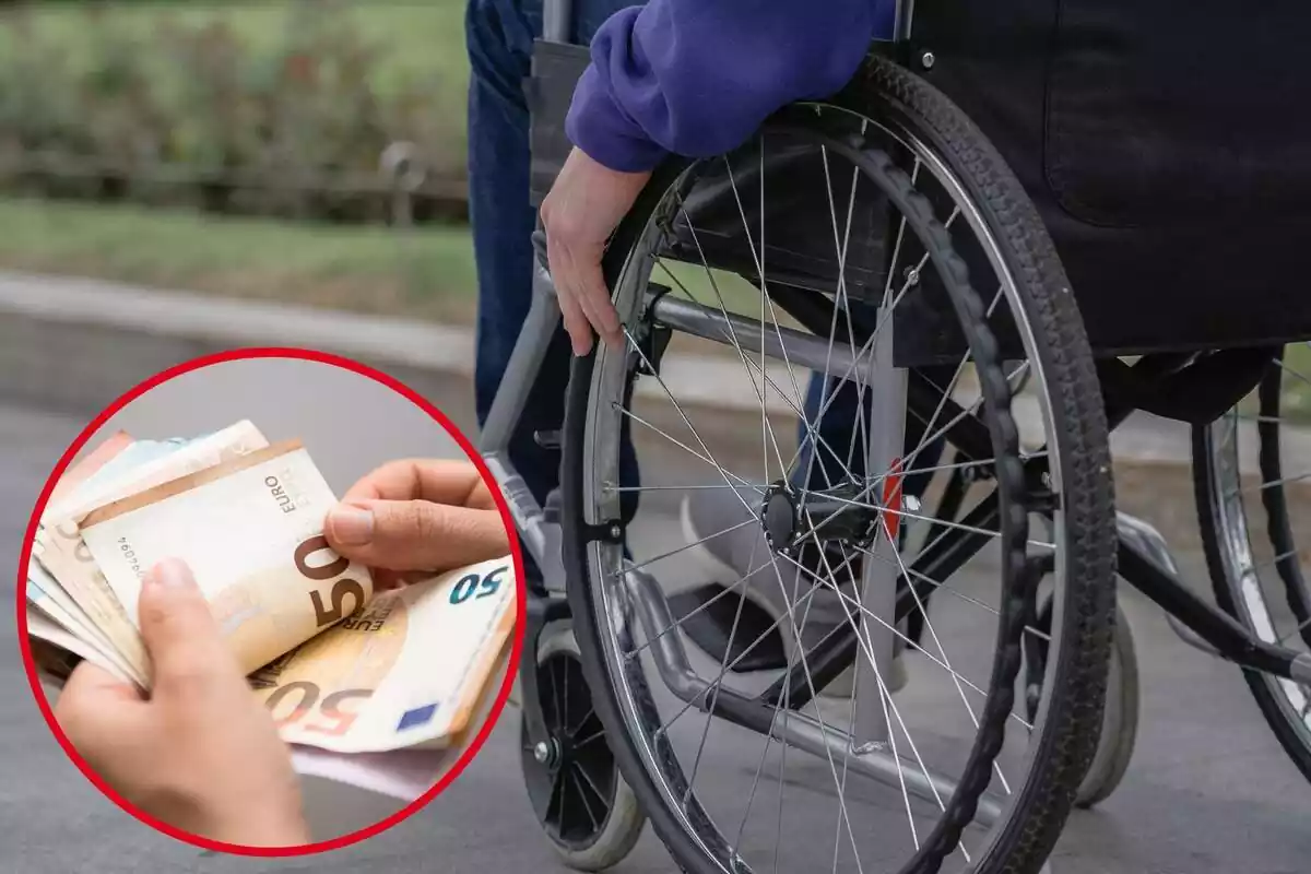 Imatge de fons d'una persona amb cadira de rodes i una altra imatge d'una mà amb diversos bitllets de 50 euros