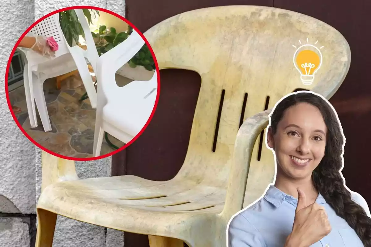 Imatge de fons d´una cadira blanca de plàstic molt bruta, al costat d´una altra imatge d´unes cadires netejar i una persona en primer pla amb gest d´aprovació