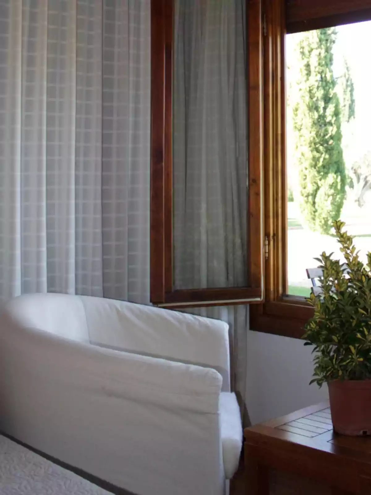 Una cadira blanca al costat d'una taula de fusta amb una planta en test a prop d'una finestra oberta amb cortines i vista a un arbre a fora. Una cadira blanca al costat d'una taula de fusta amb una planta en test a prop d'una finestra oberta amb cortines i vista a un arbre a fora.