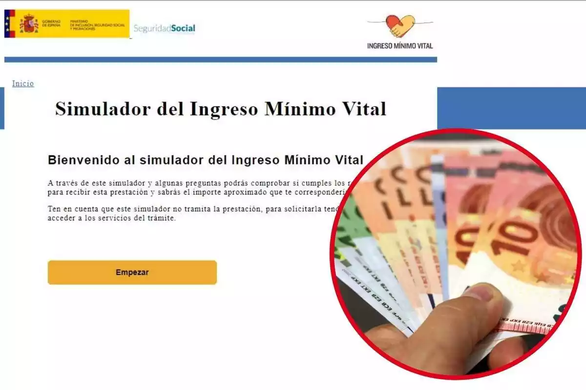Muntatge amb una imatge de fons de la web de l'Ingrés Mínim Vital amb una altra imatge de diversos bitllets a la mà d'una persona