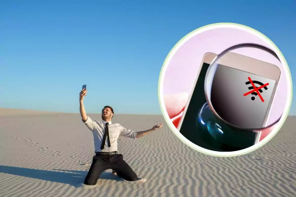 Home de genolls al desert aixecant el telèfon mòbil amb expressió de frustració, amb un cercle que mostra un símbol de Wi-Fi ratllat.